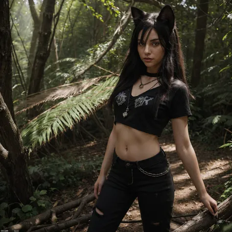 forest, catgirl, cat ears, tail with black fur, black cropped t-shirt adorned with medals and chains, black jeans adorned with chains and patches, beams of sunlight shining through the canopy, yellow eyes, calico fur, beautifully lit, insanely detailed, st...