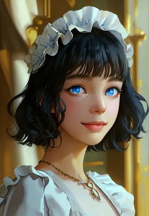 (((One Girl))), Black Hair, inward curl hair, ((Place one hand on hip)), ((Bobcut:1.3, Wavy Hair)), (Upper Body), Standard body, (Recall), ((Maid clothes)), ((((Long skirt)))), teenager, Tilt your head:1.3, (((blue eyes))), ((Smile)), (Highest quality, 4K,...