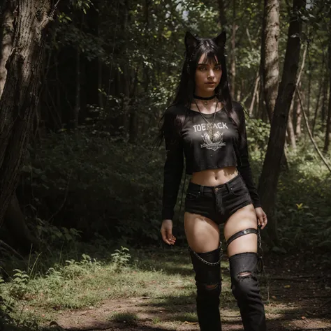 forest, catgirl, cat ears, tail with black fur, black cropped t-shirt adorned with medals and chains, black jeans adorned with chains and patches, beams of sunlight shining through the canopy, yellow eyes, calico fur, beautifully lit, insanely detailed, st...