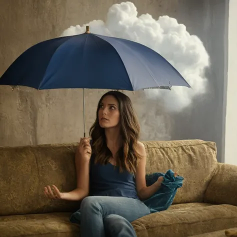 cinematic film still of  Juxtaposition of a woman sitting on a couch holding an umbrella with foamy cloud rain above,1girl,solo,long hair brunette hair,sitting,indoors,window,umbrella,couch,rain,realistic,ruins Juxtaposition,artistic,photography,dramatic l...