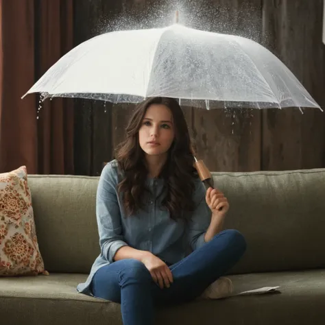 cinematic film still of  Juxtaposition of a woman sitting on a couch holding an umbrella with foamy cloud rain above,1girl,solo,long hair brunette hair,sitting,indoors,window,umbrella,couch,rain,realistic,ruins Juxtaposition,artistic,photography,dramatic l...