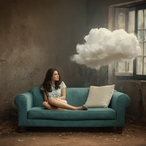 cinematic film still of  Juxtaposition of a woman sitting on a couch holding an umbrella with foamy cloud rain above,1girl,solo,long hair brunette hair,sitting,indoors,window,umbrella,couch,rain,realistic,ruins Juxtaposition,artistic,photography,dramatic l...