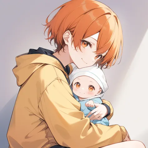 Orange Hair, Orange eyes,Short Hair,smile, a bit,  hoodie,maleの子一人,a bitキャラ,anime,whole body,mini,Sitting,male,半袖のhoodie,小さいmaleの子,baby