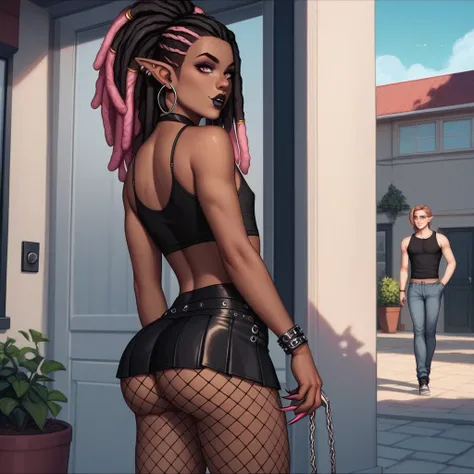 Best quality, highly detailed, ultra detailed, 1 brown skin boy, flat chest, male chest, slim curvy body, long pink dreadlocks, pink dreadlocks, pink eyes, vampire, pointy ears, sharp nails, black lipgloss, goth, black crop top, black mini skirt, fishnets,...