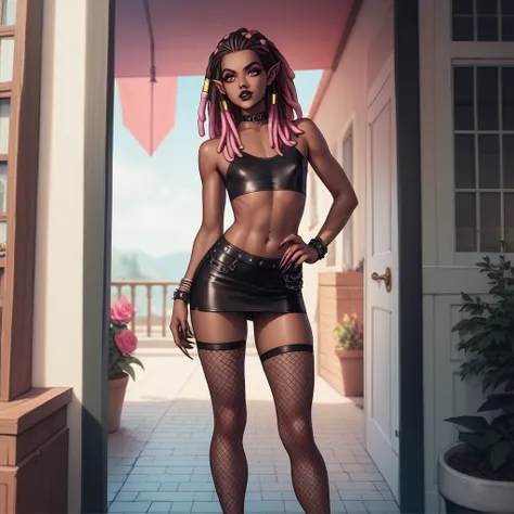 Best quality, highly detailed, ultra detailed, 1 brown skin boy, flat chest, male chest, slim curvy body, long pink dreadlocks, pink dreadlocks, pink eyes, vampire, pointy ears, sharp nails, black lipgloss, goth, black crop top, black mini skirt, fishnets,...