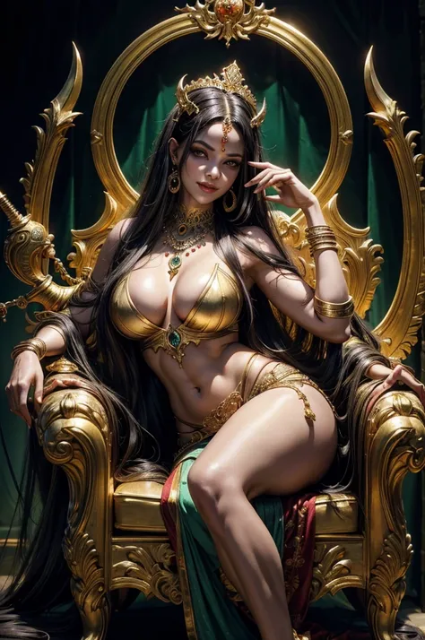 1 demoness, green skin, detailed face, beautiful eyes, intoxicating gaze, long flowing hair, smiling expression, crescent moon on forehead, curvy figure, big breasts, perspiring slightly, three folds of skin and fine hair below navel, seated on gold throne...