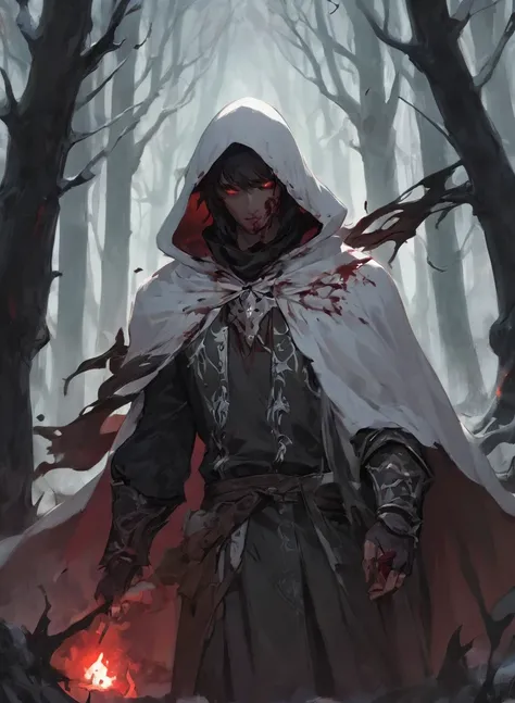 male warlock dnd, undead body, wearing a bloodstained white hood cloak with a blood, in a dark forest, surrounded by a cold