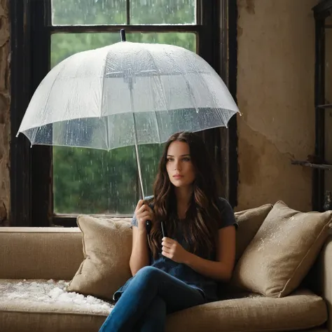 cinematic film still of  Juxtaposition of a woman sitting on a couch holding an umbrella with foamy cloud rain above,1girl,solo,long hair brunette hair,sitting,indoors,window,umbrella,couch,rain,realistic,ruins Juxtaposition,artistic,photography,dramatic l...