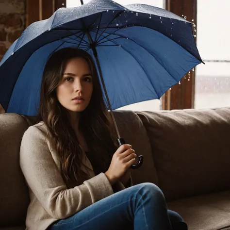 cinematic film still of  Juxtaposition of a woman sitting on a couch holding an umbrella with foamy cloud rain above,1girl,solo,long hair brunette hair,sitting,indoors,window,umbrella,couch,rain,realistic,ruins Juxtaposition,artistic,photography,dramatic l...