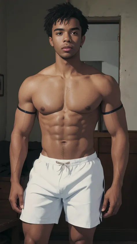 African black man with white wavy hair with rabbit ear head accessory a visibly fit athletic body shirtless with black underwear , Masterpiece artwork