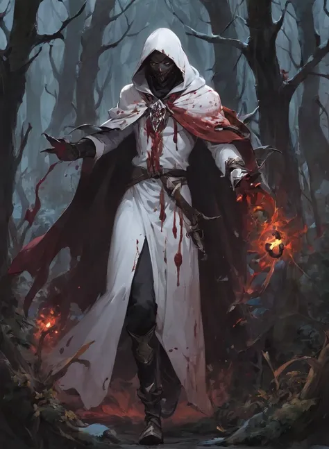 male warlock dnd, undead body, wearing a bloodstained white hood cloak with a blood, in a dark forest, surrounded by a cold