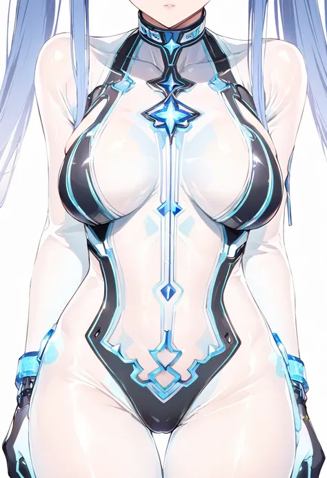 Blue Star,Twin tails,See-through,Top view,Standing on a white floor,See-through,Blue light pattern,sexyデザインのSee-throughボディスーツ,Transparent skin,胸元にBlue Starのデザイン,胸元がSee-throughボディスーツ,Shiny bodysuit,sexy,Big blue light bracelet,Big blue light anklet,Blue lig...