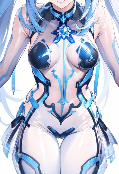 Blue Star,Twin tails,See-through,Top view,Standing on a white floor,See-through,Blue light pattern,sexyデザインのSee-throughボディスーツ,Transparent skin,胸元にBlue Starのデザイン,胸元がSee-throughボディスーツ,Shiny bodysuit,sexy,Big blue light bracelet,Big blue light anklet,Blue lig...