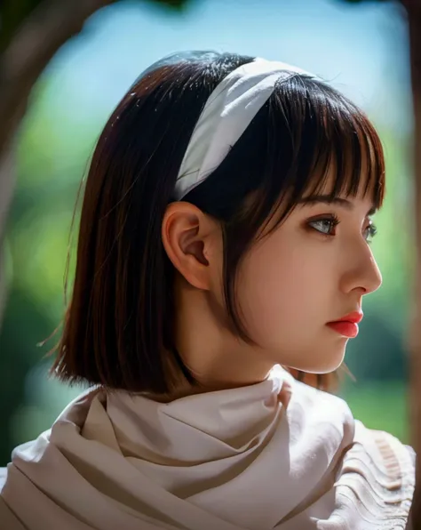 A beautiful young girl with a bob haircut, standing alone, wearing a cowl headband, in profile, looking directly at the viewer, (best quality, 4k, 8k, highres, masterpiece:1.2), ultra-detailed, (realistic, photorealistic, photo-realistic:1.37), HDR, UHD, s...