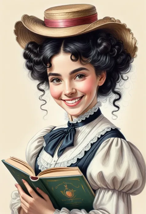 A colored pencil drawing of a pretty  smiling happy victorian governess, curly black hair. Kind and inteligent, joyful  energy. hair in bun, hat. book of poetry in hand. full features, round face
