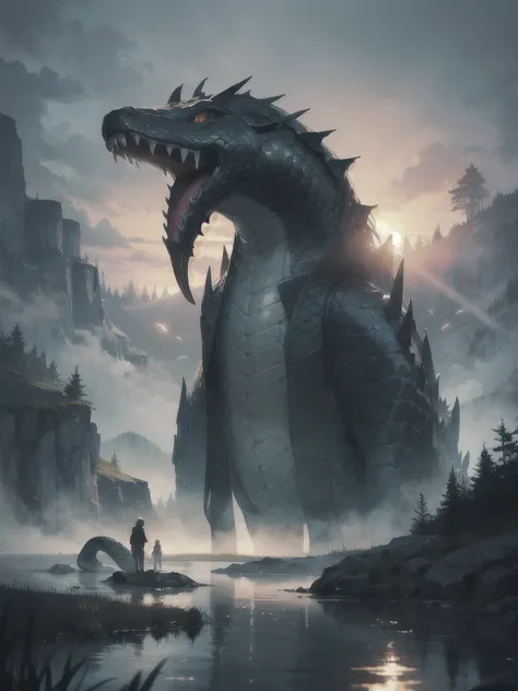 giant snake, emerging from a lake, at night, atmosphere, fog