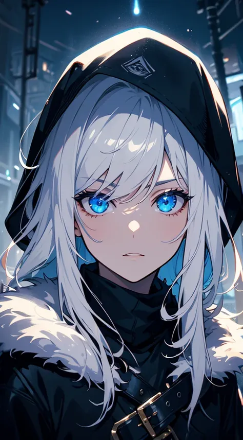 (masterpiece), best quality, expressive eyes, perfect face, looking at viewers, a hooded witcher in the florest,moon backlight, 1man, ((close up front view)), blue eyes, white hair, hair between eyes, handsome, cool, night BREAK badass, cinematic, night, e...