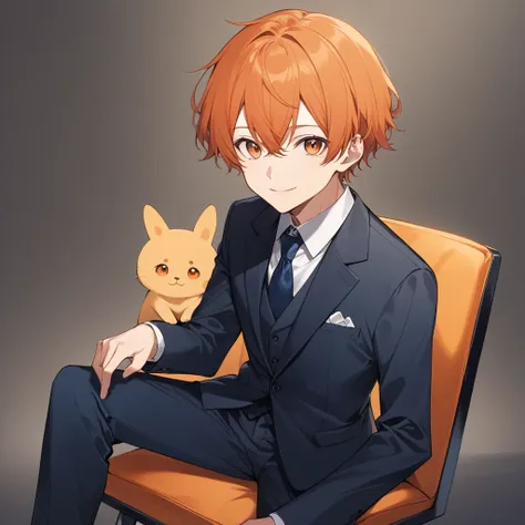 Orange Hair, Orange eyes,Short Hair,smile, a bit,  suit,maleの子一人,a bitキャラ,anime,whole body,mini,Sitting,male,赤いsuit,小さいmaleの子,a little 