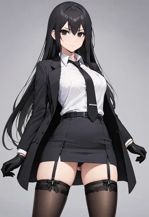 Black miniskirt ,shoes, dress shirt , pencil skirt , black long tie , assassin , whole body ,business attire , Black gloves , shorts blazer , garter belt , straight hair , black eyes , thighs , whole body , standing posture , close up , Cute face , waist b...