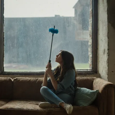 cinematic film still of  Juxtaposition of a woman sitting on a couch holding an umbrella with foamy cloud rain above,1girl,solo,long hair brunette hair,sitting,indoors,window,umbrella,couch,rain,realistic,ruins Juxtaposition,artistic,photography,dramatic l...