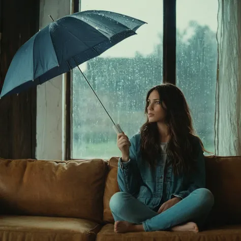 cinematic film still of  Juxtaposition of a woman sitting on a couch holding an umbrella with foamy cloud rain above,1girl,solo,long hair brunette hair,sitting,indoors,window,umbrella,couch,rain,realistic,ruins Juxtaposition,artistic,photography,dramatic l...