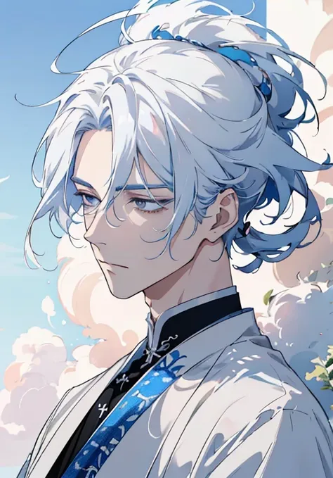 a close up of a person with a white shirt and a sky background, inspired by Yanjun Cheng, high quality portrait, white cloud hair, delicate androgynous prince, cai xukun, cloud-like white hair, artwork in the style of guweiz, anime realism style, pale hair...