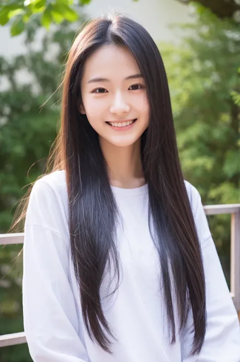 High resolution, Super detailed, 26 years old, Japanese, 1 female, Long Black Hair, Showing his forehead, Small eyes, OL, A little smile, Programmer, White shirt long sleeve, I&#39;m not wearing a tie, All the buttons on his white shirt are fastened, inclu...