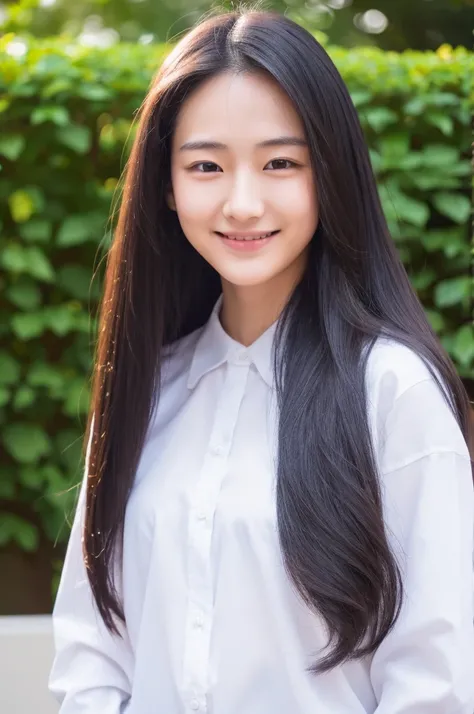 High resolution, Super detailed, 26 years old, Japanese, 1 female, Long Black Hair, Showing his forehead, Small eyes, OL, A little smile, Programmer, White shirt long sleeve, I&#39;m not wearing a tie, All the buttons on his white shirt are fastened, inclu...