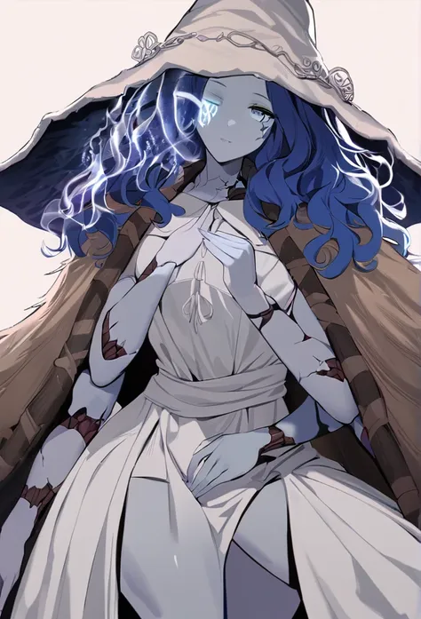 masterpiece, best quality, 1girl, solo, IncrsXLRanni, wavy hair, cracked skin, colored skin, blue skin, (extra faces), extra arms, doll joints, white dress, hat, cloak