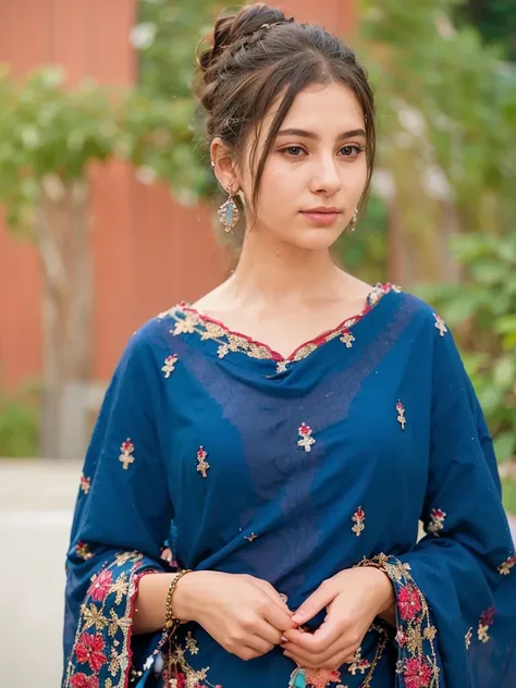 A young woman dressed in a deep blue traditional outfit adorned with intricate gold and red embroidery. She has her hair styled in a neat bun and is wearing large silver jhumka earrings. The background is softly blurred, featuring greenery, creating a sere...