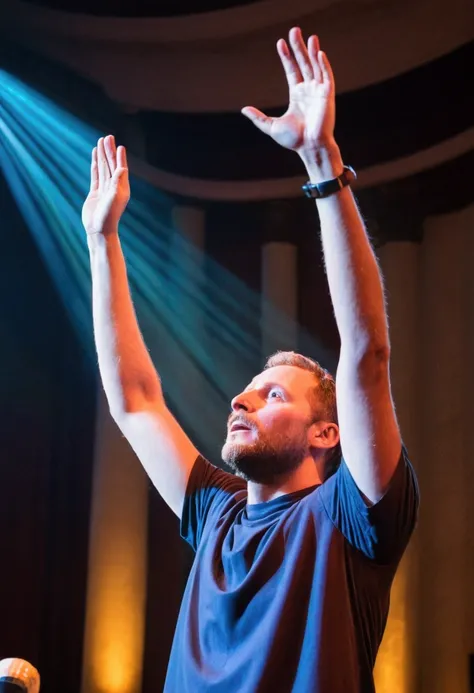 A man , people with one arm raised in worship,inside a church, stage lighting only