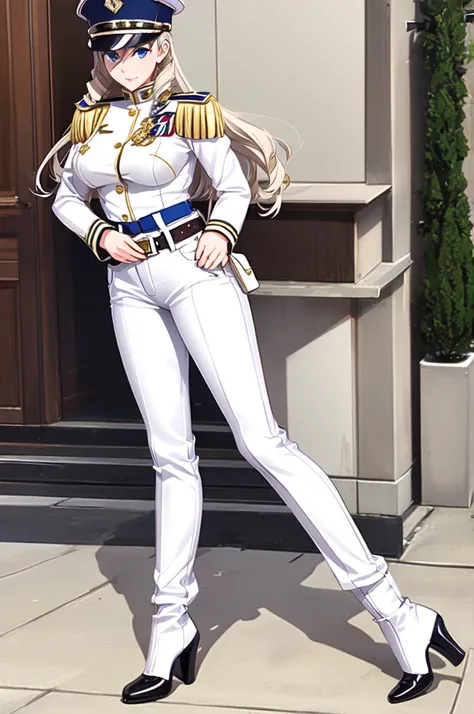 celia\(walkure\), celia\(uniform\),1girl, mature female, solo,
blue eyes, 
(black boots), high heels, (white uniform), (white ca...