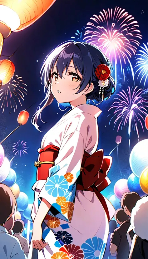 a viewer draws the whole body of sonoda umi, a girl in a yukata, from the side as she looks up at the fireworks exploding into t...