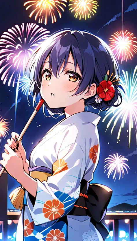 a viewer draws the whole body of sonoda umi, a girl in a yukata, from the side as she looks up at the fireworks exploding into t...