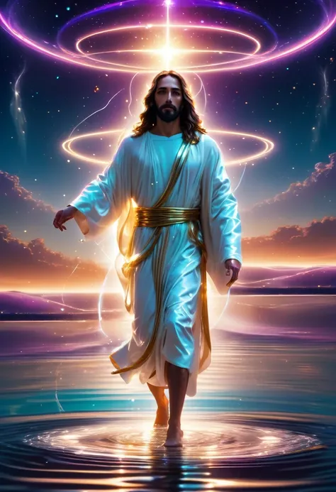 "futuristic jesus walking on water, with a starry sky in the background, neon lights reflecting in the water, white robes with t...