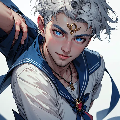 1boy, alternative sailor moon, manly, silver hair, blue eyes, circlet, smirk, blue sailor collar, brooch, necklace with ruby pen...