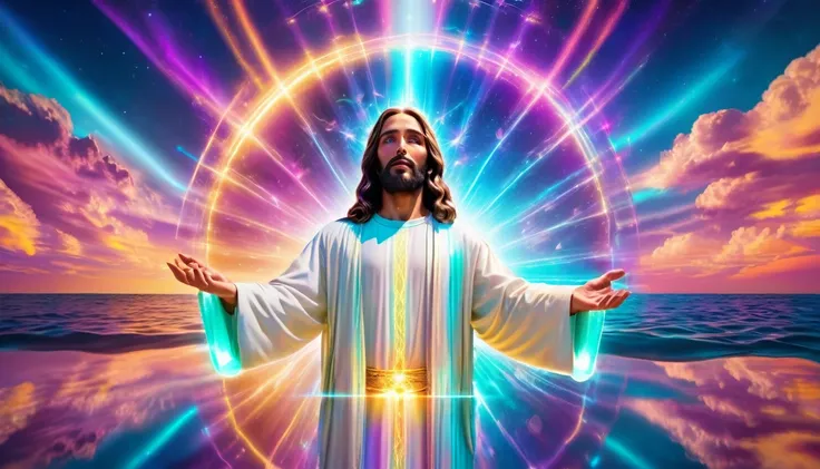 "futuristic jesus stretching out his hands to bless glowing waters, with holograms and light effects around, vibrant colored sky...