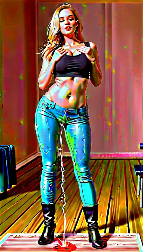 1girl, , wetting jeans, rating_explicit, ((cameltoe, urine stream, urine particles, wet herself, peed herself, wet spot,,))(Masterpiece:1.3) (best quality:1.2) (high quality:1.1), standing, closed eyes, moaning, full body, realistic, leather boots, college...