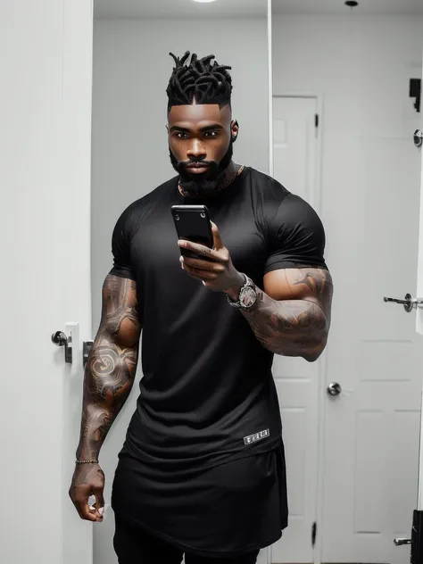 there is a man standing in front of a mirror with a cell phone, he is wearing a black t-shirt, man is with black skin, fit pic, ...