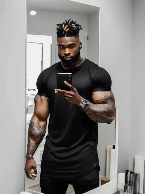 there is a man standing in front of a mirror with a cell phone, he is wearing a black t-shirt, man is with black skin, fit pic, posing and flexing, profile image, tight black tanktop, 30 year old man :: athletic, black thor, thicc, tight shirt, flexing lar...