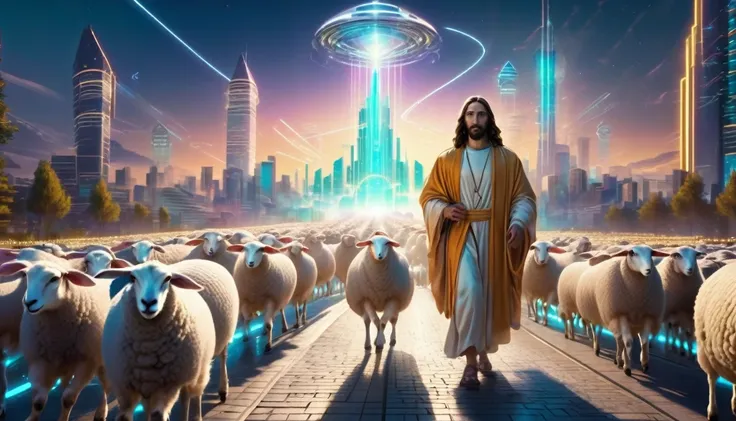 "futuristic jesus leading cybernetic sheep along an illuminated path, city with futuristic architecture in the background, brigh...