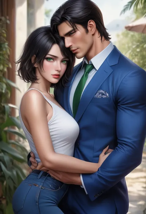 A tall handsome young man with black hair, black eyes, he is wearing a blue suit and he hugs an incredibly beautiful femme fatale young woman, she has a brown hair with a very short haircut standing next to him, she has brilliant green eyes, She is wearing...