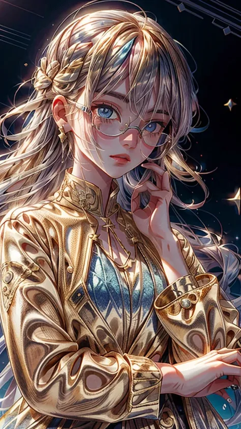 a close up of image of girl with glasses and gold hair and long neck, 1girl, solo, long hair, tinted eyewear, round eyewear, sun...