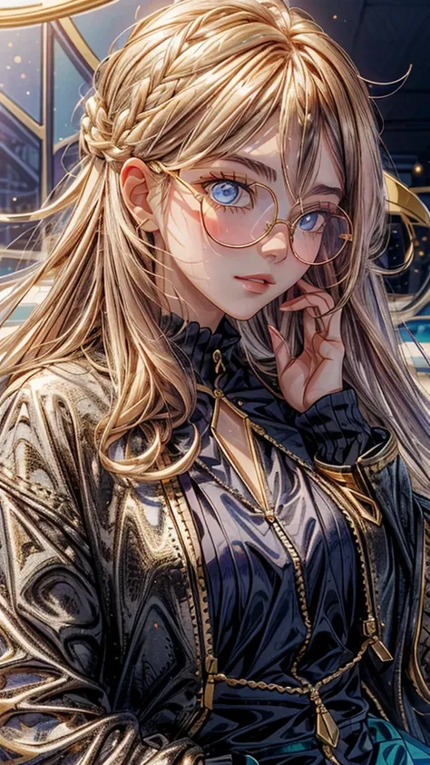 a close up of image of girl with glasses and gold hair and long neck, 1girl, solo, long hair, tinted eyewear, round eyewear, sunglasses, jewelry,  hair, bangs,Marinette, blue_eyes, Marinette Dupain-Cheng