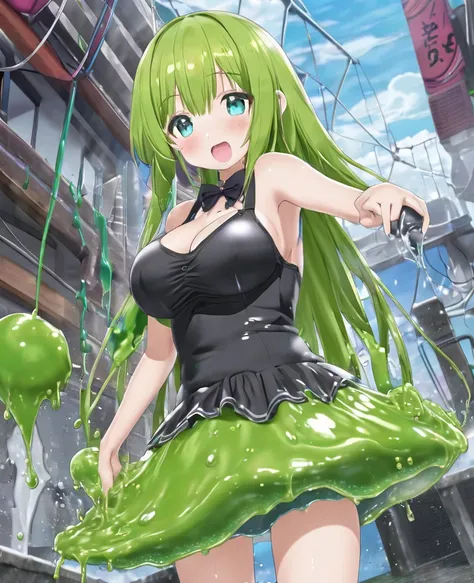 cute,(( slime girl)),loli,,,huge breasts,serefuku,skirt,dripping,