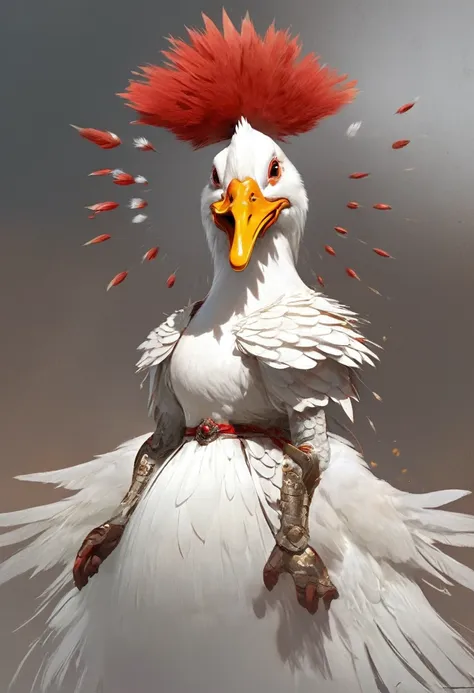 red fleece, white hen in a white dress, anthropomorphic hen, chicken feather armor, wojtek fus, fantasy duck concept portrait, a...