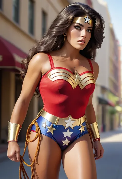 ((full body photo, standing, feet on the ground)) a beautiful sexy classic 70s wonder woman, beautiful detailed eyes, beautiful ...