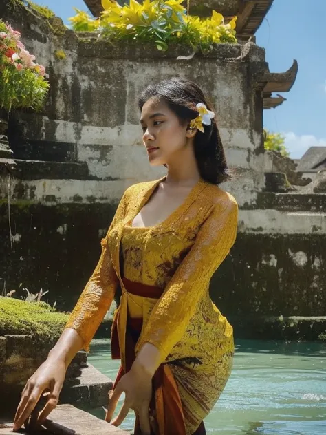 Woman swimming in the river, wearing a Javanese kebaya, flowers in the ears, flirting with the camera (plump woman)