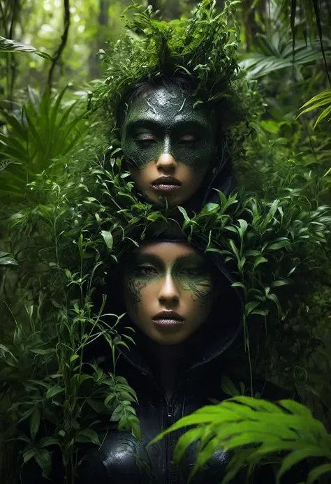 Engulfed BY green, Beautiful and exotic ((medival assassin)) sneaks through the dark, ((overgrown jungle)), hunting for prey, lithe, sexy, camouflaged with body and face paint, she wears a black open coat with a hood, dark rainforest, cleavage, plants in t...