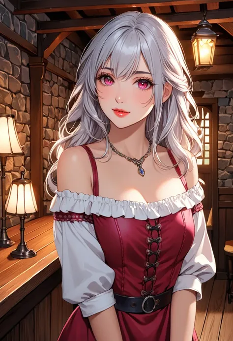 1girl, solo, mature woman, [white shirt top: red dress under], (simple pattern clothing), long curvy messy hair, silver hair, glowing ruby colored eyes, ((beautiful face)), detailed face, detailed eyes, (collar bone), (off shoulder), (bare neck), brown lea...